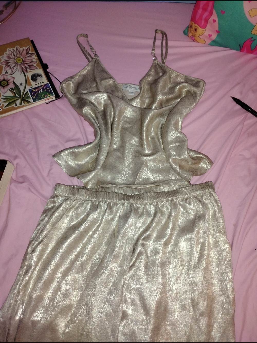 Champagne Satin Slip Pajama Set with V-Neck Camisole